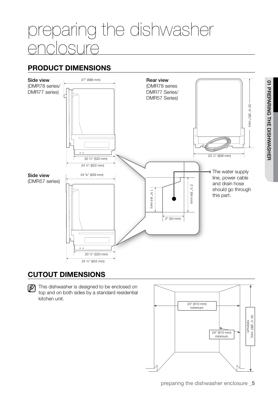 Preparing the dishwasherenclosure, Preparing the dishwasher enclosure, Product dimensions cutout dimensions | Samsung DMR77LHW-XAC User Manual | Page 5 / 20