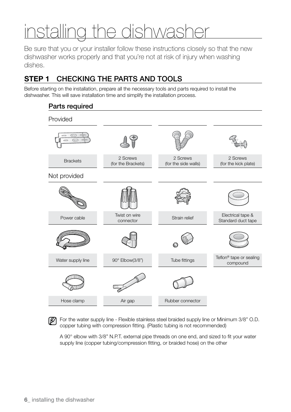 Installing the dishwasher, Step 1 checking the parts and tools, Parts required | Samsung DMR77LHW-XAC User Manual | Page 6 / 20