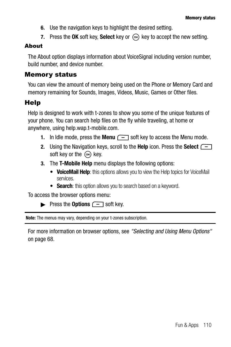 Memory status, Help, Memory status help | Samsung SGH-T819CNATMB User Manual | Page 113 / 186