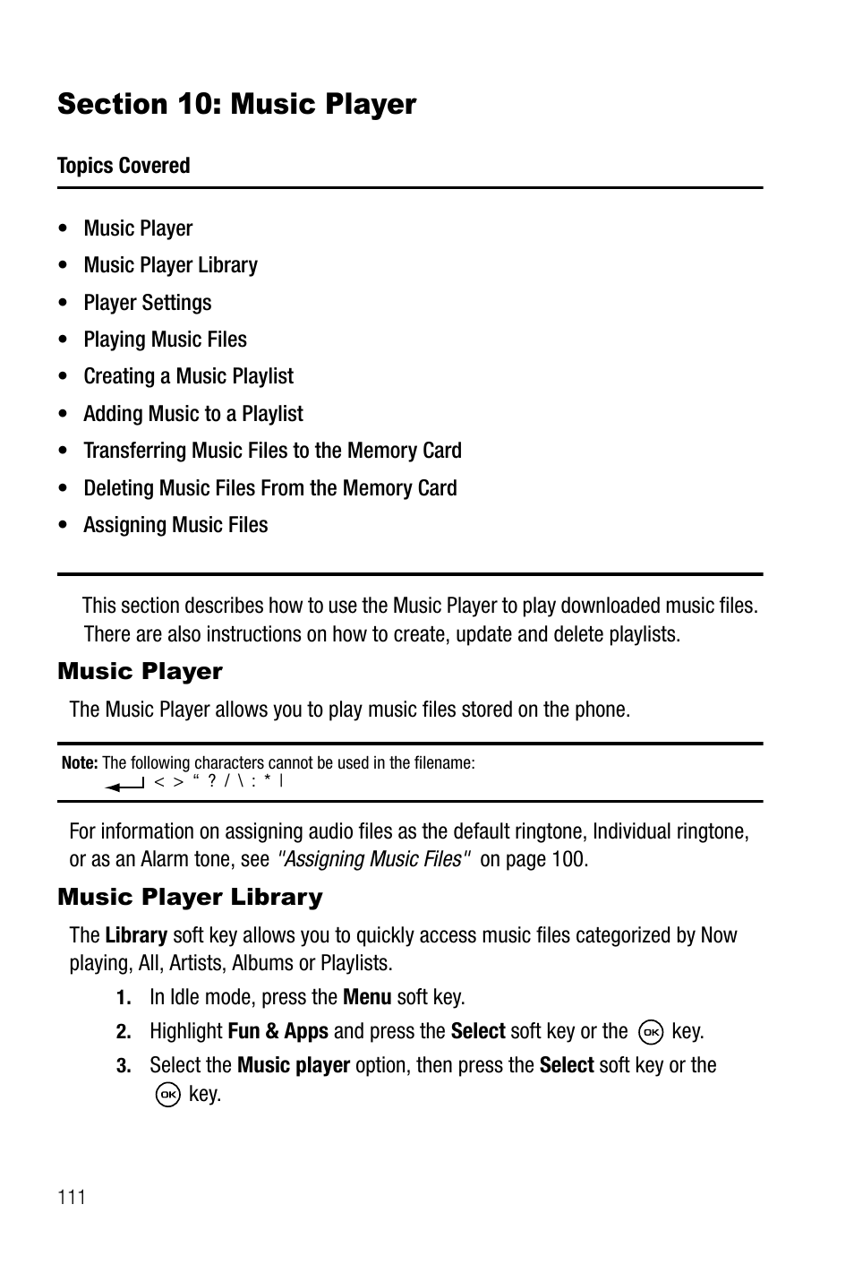 Section 10: music player, Music player, Music player library | Music player music player library | Samsung SGH-T819CNATMB User Manual | Page 114 / 186