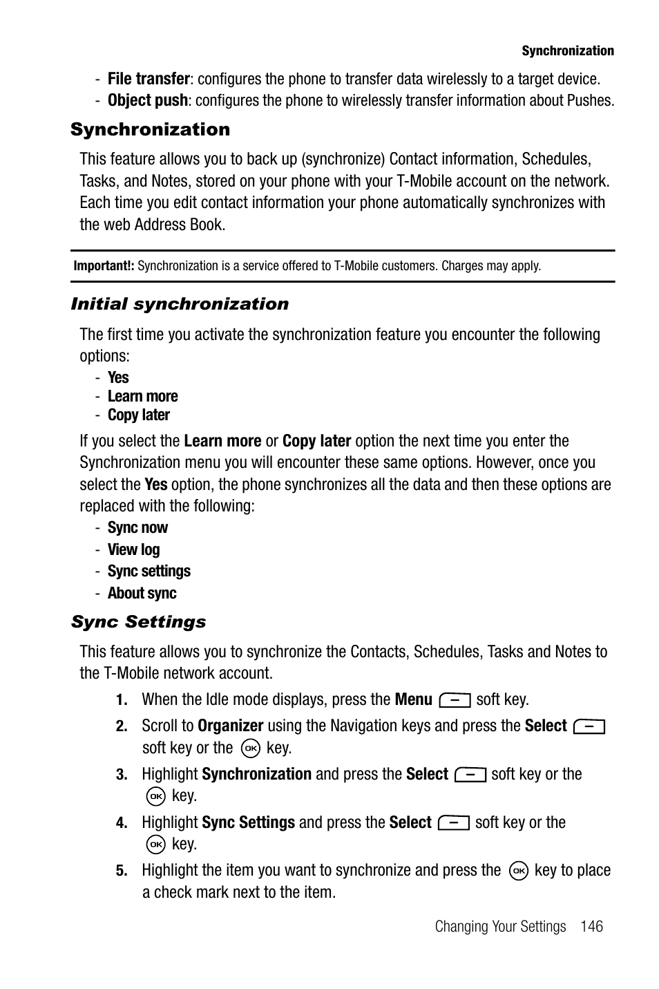 Synchronization, Initial synchronization, Sync settings | Samsung SGH-T819CNATMB User Manual | Page 149 / 186