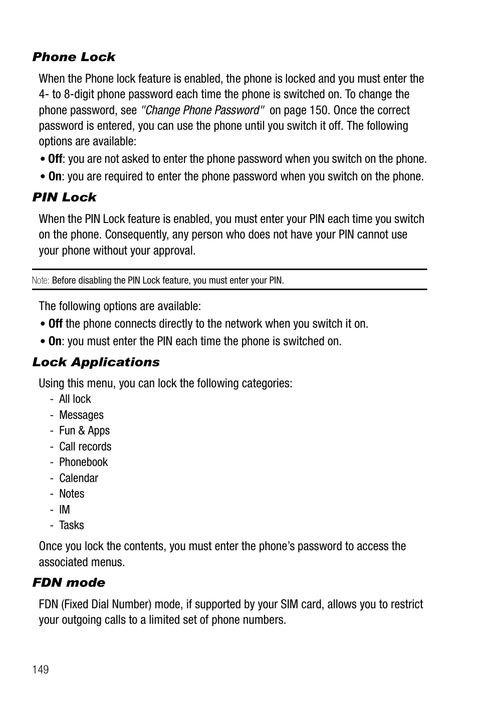 Phone lock, Pin lock, Lock applications | Fdn mode | Samsung SGH-T819CNATMB User Manual | Page 152 / 186