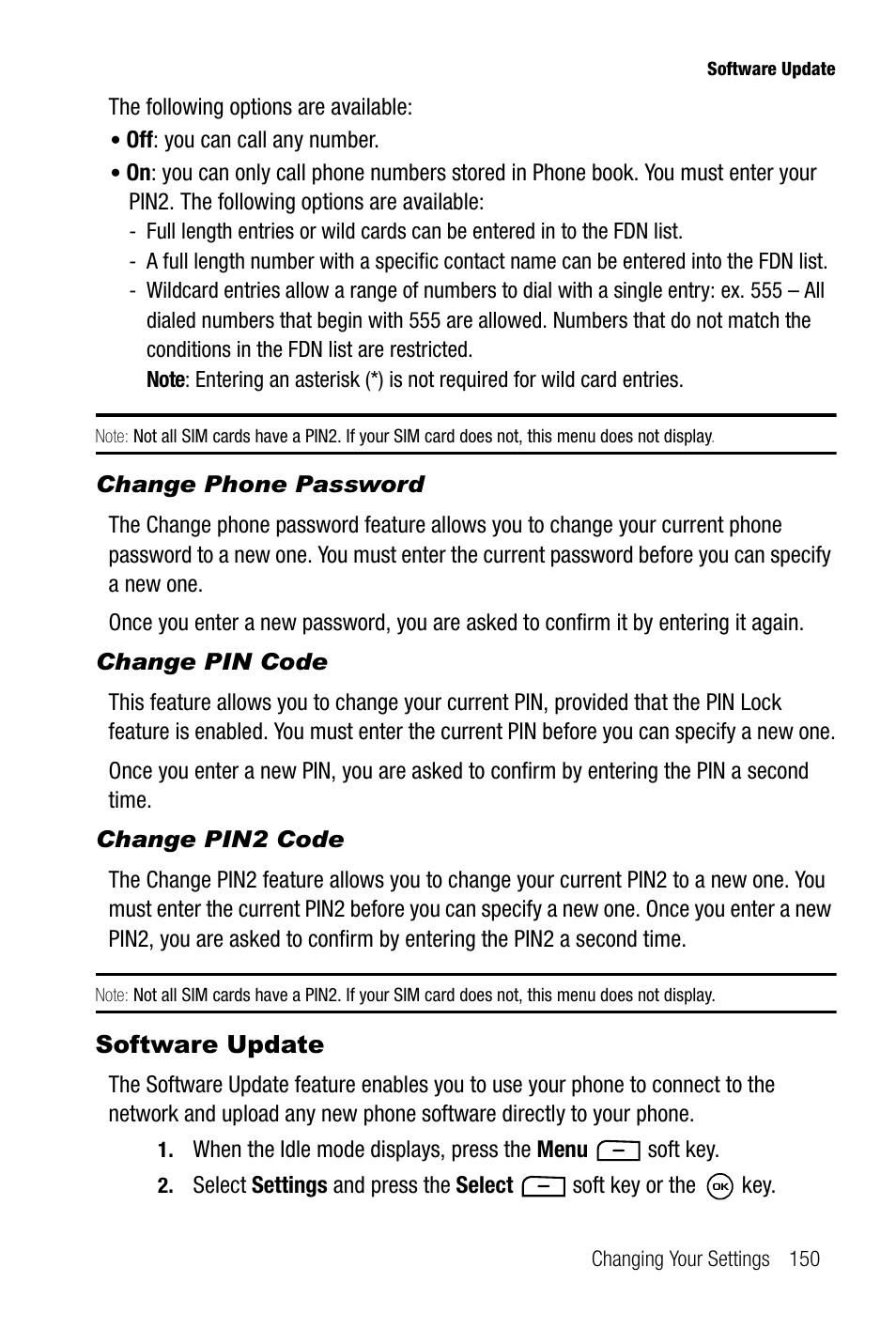 Change phone password, Change pin code, Change pin2 code | Software update | Samsung SGH-T819CNATMB User Manual | Page 153 / 186