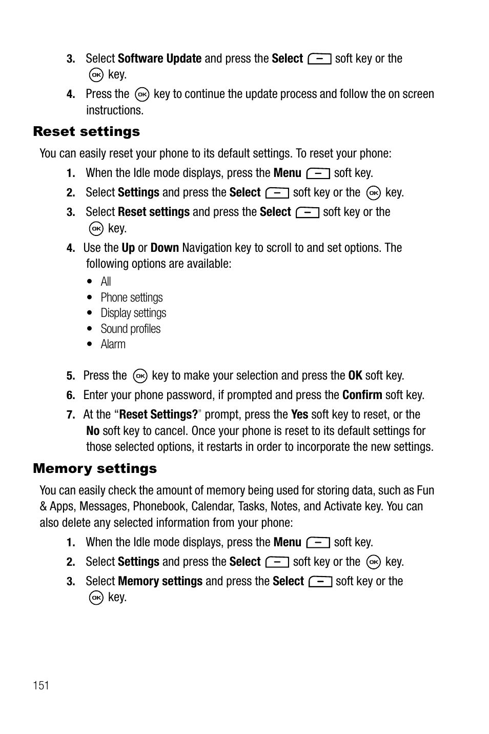 Reset settings, Memory settings, Reset settings memory settings | Samsung SGH-T819CNATMB User Manual | Page 154 / 186