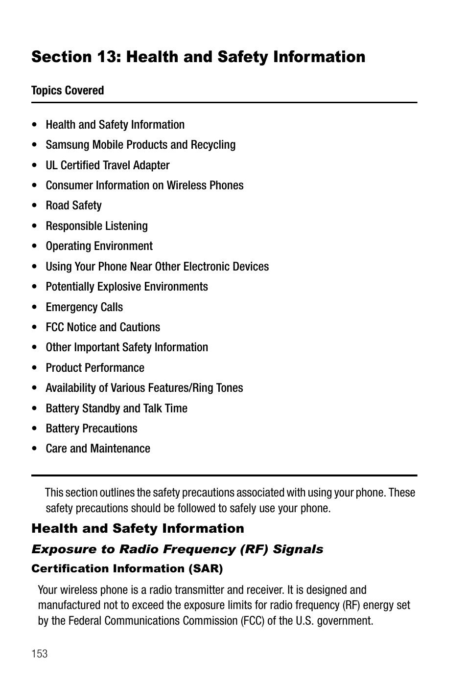 Section 13: health and safety information, Health and safety information, Exposure to radio frequency (rf) signals | Samsung SGH-T819CNATMB User Manual | Page 156 / 186