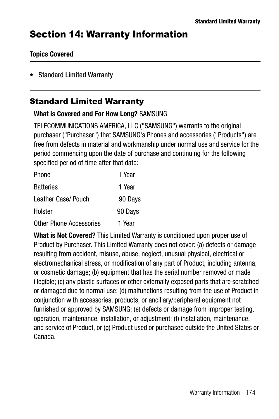 Section 14: warranty information, Standard limited warranty | Samsung SGH-T819CNATMB User Manual | Page 177 / 186