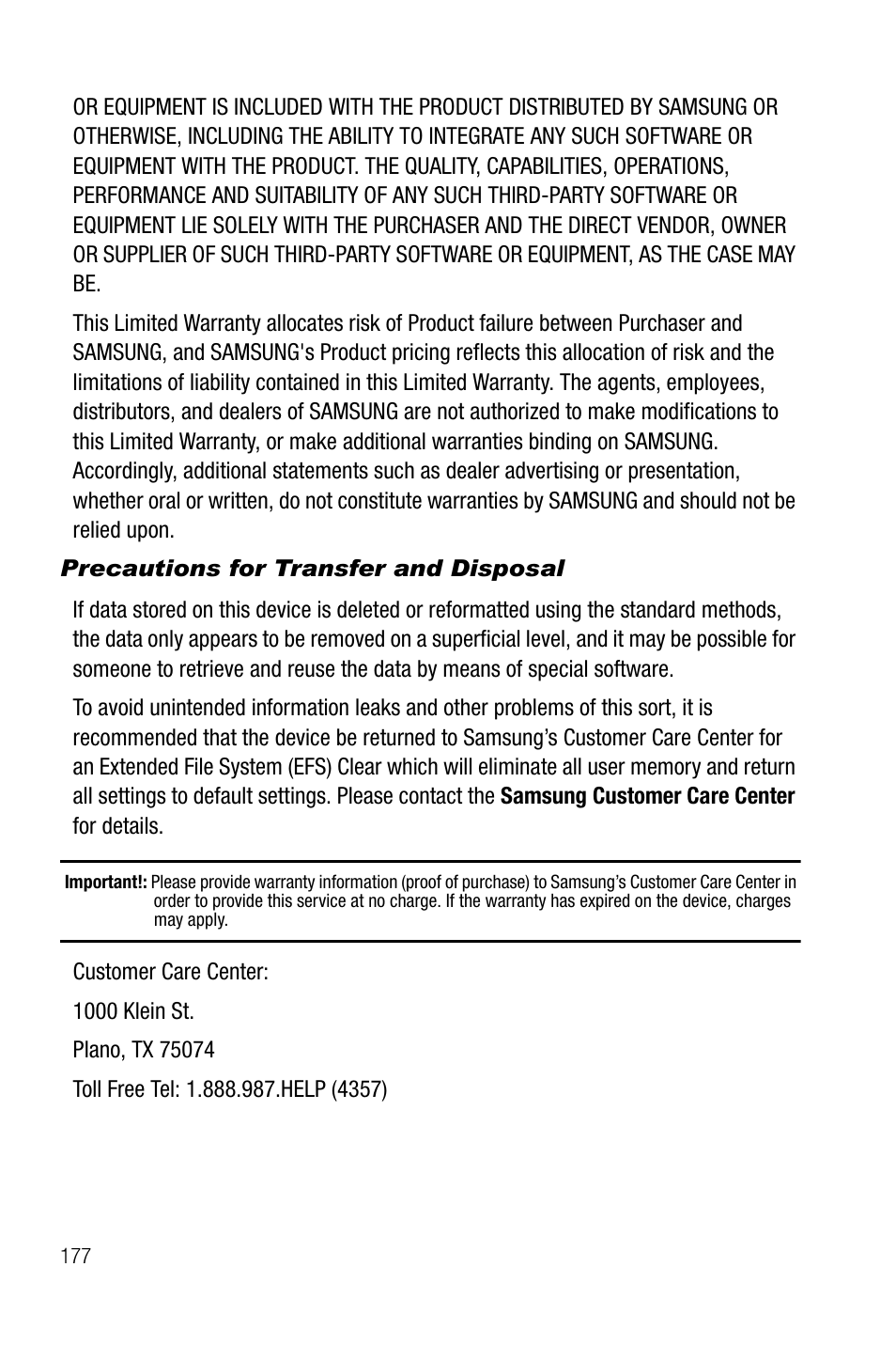 Precautions for transfer and disposal | Samsung SGH-T819CNATMB User Manual | Page 180 / 186