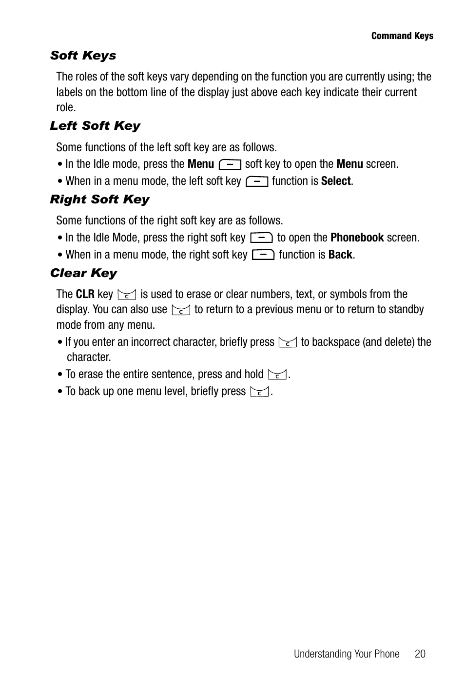 Soft keys, Left soft key, Right soft key | Clear key | Samsung SGH-T819CNATMB User Manual | Page 23 / 186