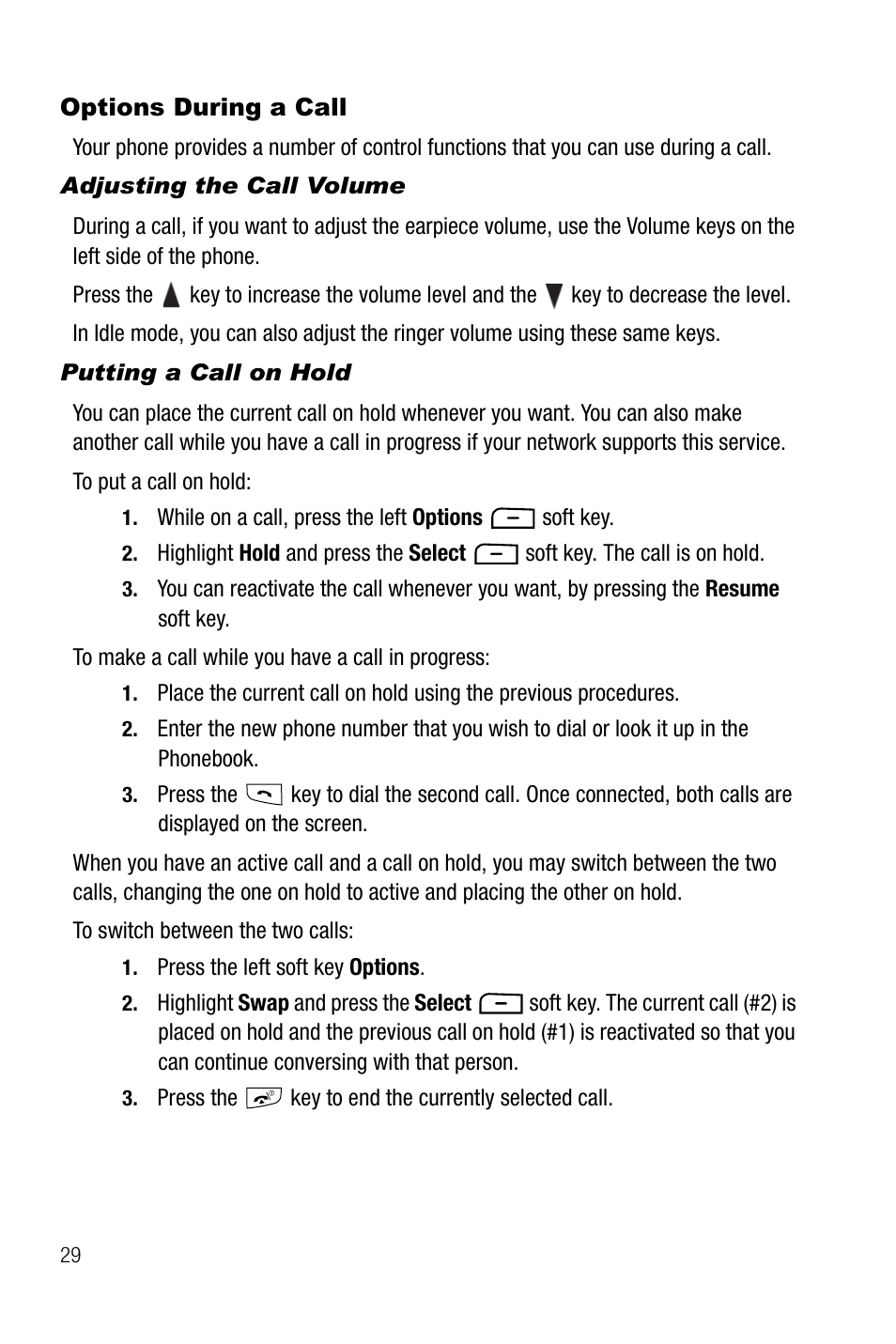 Options during a call, Adjusting the call volume, Putting a call on hold | Samsung SGH-T819CNATMB User Manual | Page 32 / 186