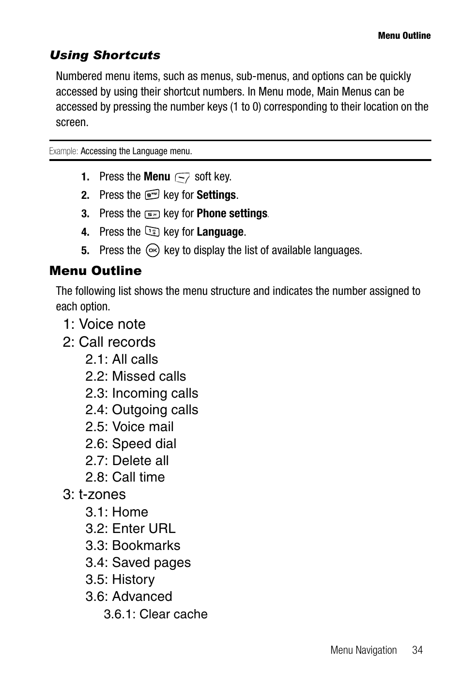 Using shortcuts, Menu outline, T-zones | Samsung SGH-T819CNATMB User Manual | Page 37 / 186