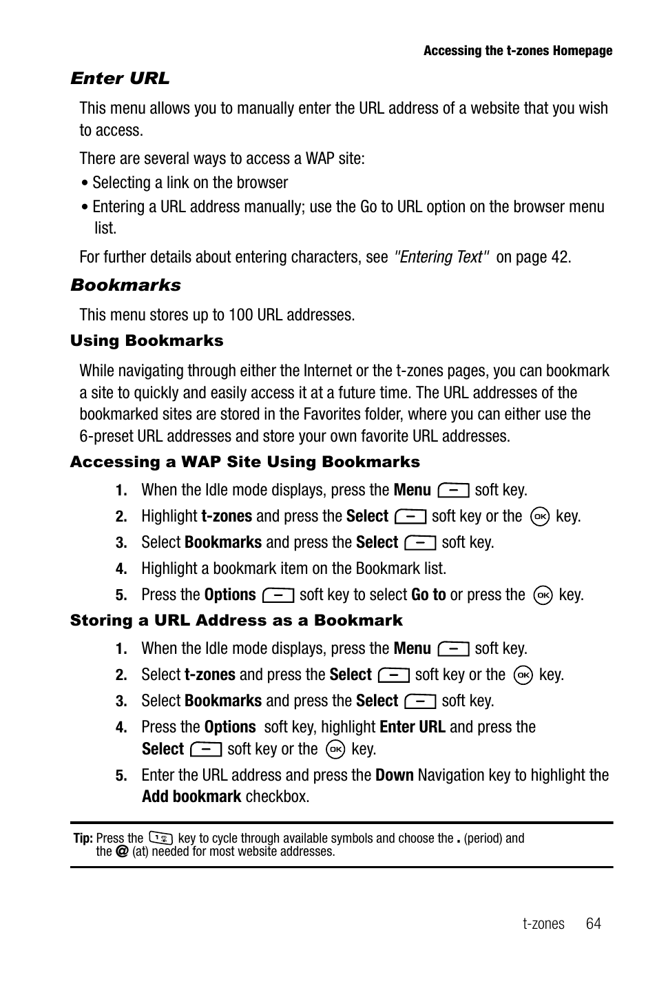 Enter url, Bookmarks | Samsung SGH-T819CNATMB User Manual | Page 67 / 186