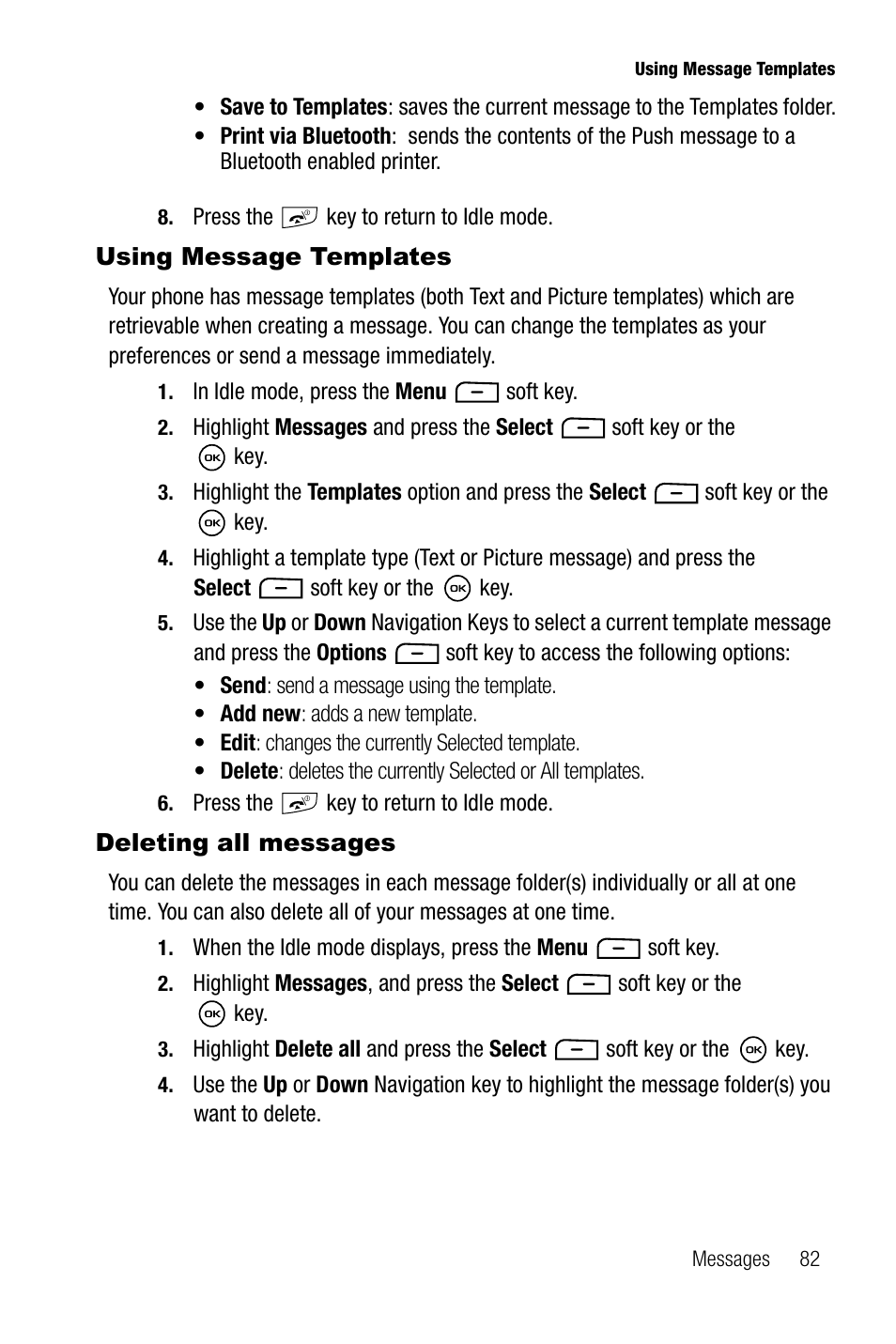 Using message templates, Deleting all messages, Using message templates deleting all messages | Samsung SGH-T819CNATMB User Manual | Page 85 / 186