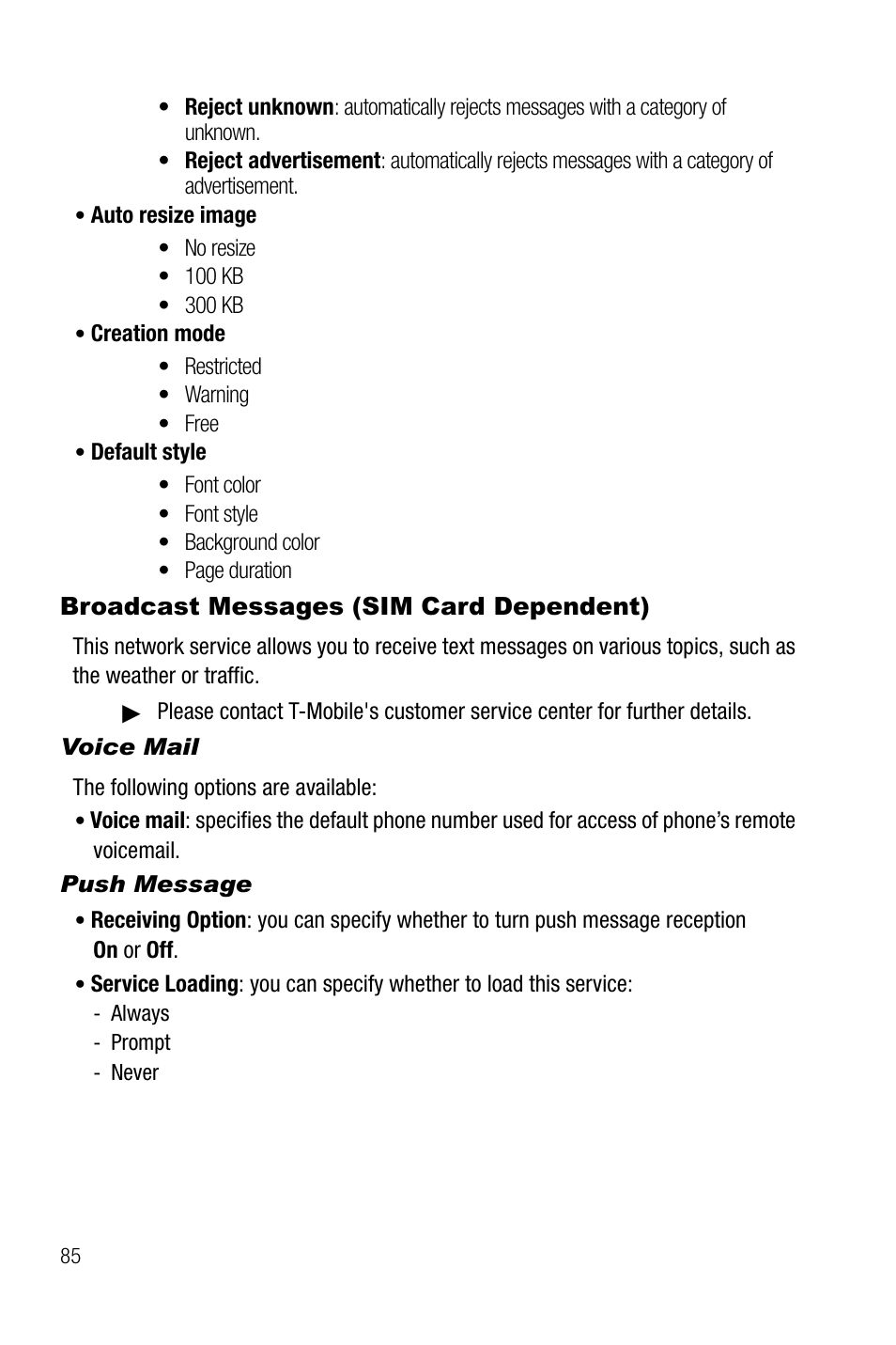 Broadcast messages (sim card dependent), Voice mail, Push message | Samsung SGH-T819CNATMB User Manual | Page 88 / 186