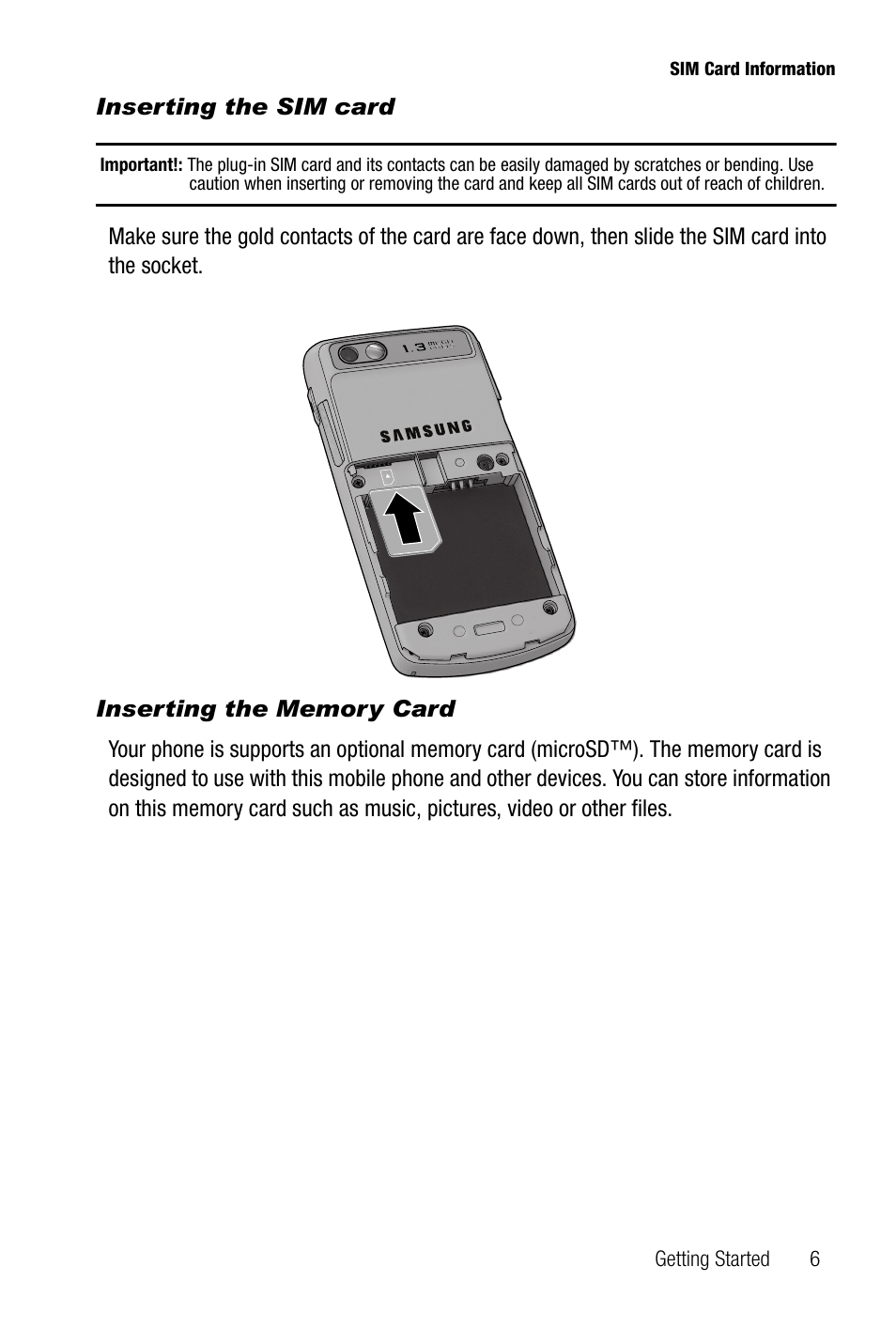 Inserting the sim card, Inserting the memory card | Samsung SGH-T819CNATMB User Manual | Page 9 / 186