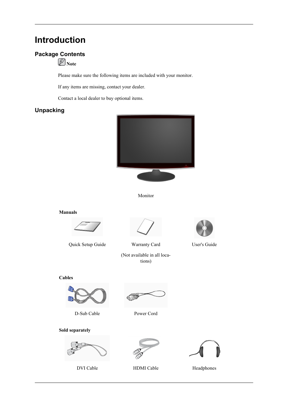 Introduction, Package contents, Unpacking | Samsung LS26TWHSUV-ZA User Manual | Page 10 / 69