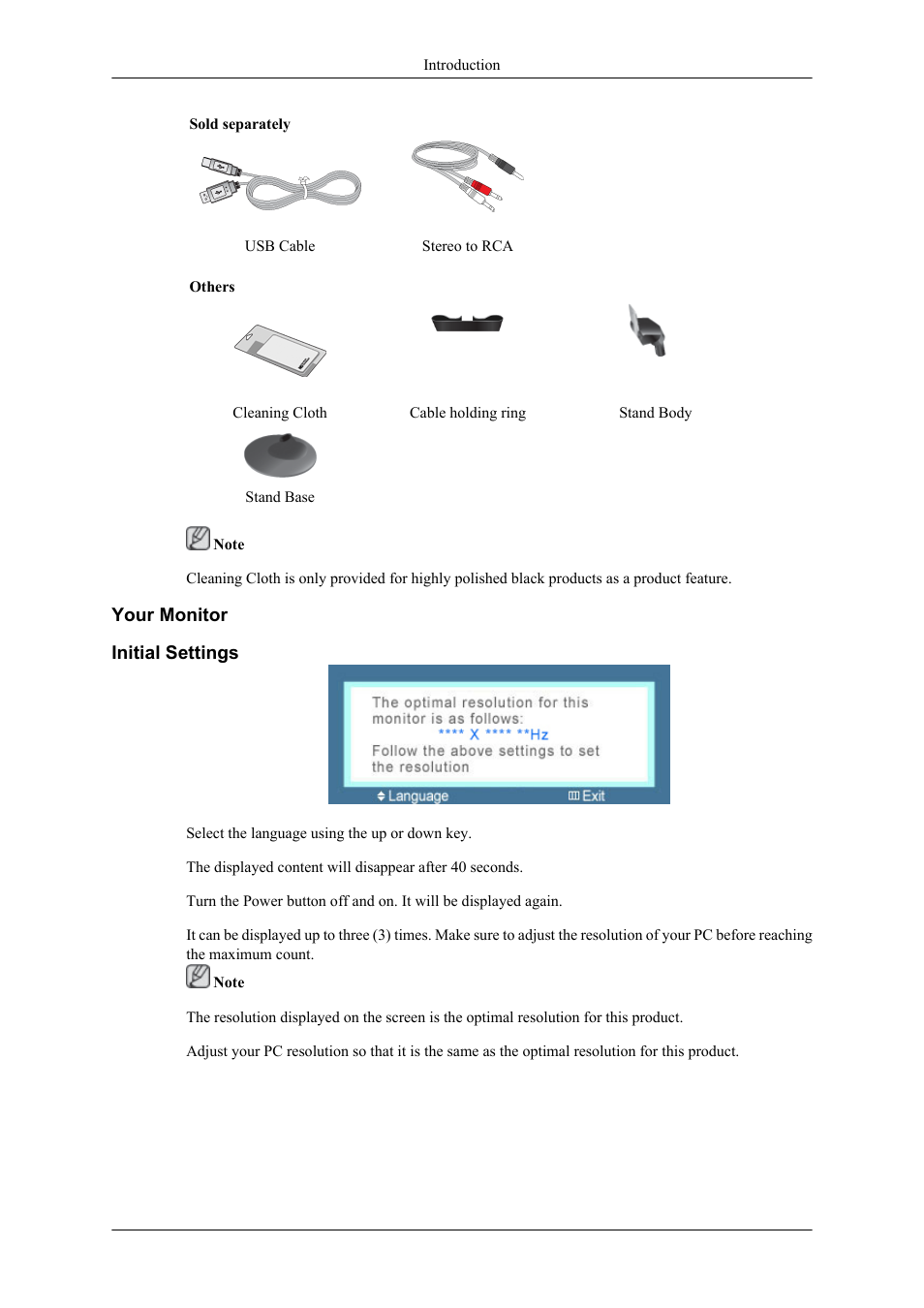 Your monitor, Initial settings | Samsung LS26TWHSUV-ZA User Manual | Page 11 / 69