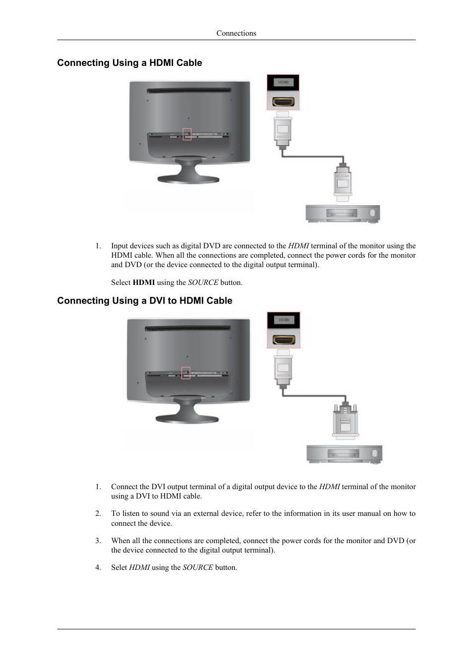 Connecting using a hdmi cable, Connecting using a dvi to hdmi cable | Samsung LS26TWHSUV-ZA User Manual | Page 17 / 69