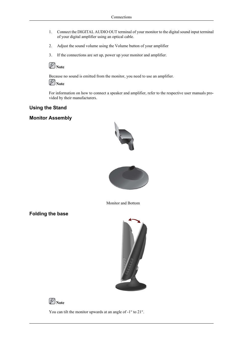 Using the stand, Monitor assembly, Folding the base | Samsung LS26TWHSUV-ZA User Manual | Page 21 / 69