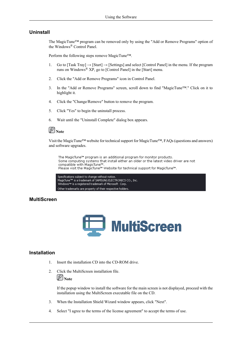 Uninstall, Multiscreen, Installation | Samsung LS26TWHSUV-ZA User Manual | Page 32 / 69