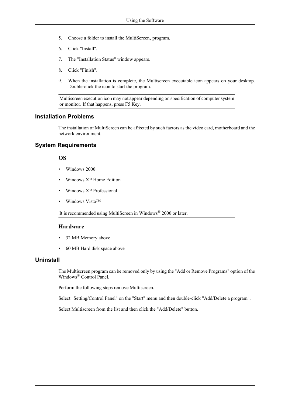 Installation problems, System requirements, Uninstall | Samsung LS26TWHSUV-ZA User Manual | Page 33 / 69