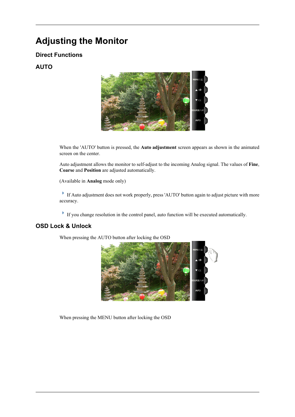 Adjusting the monitor, Direct functions, Auto | Osd lock & unlock | Samsung LS26TWHSUV-ZA User Manual | Page 34 / 69
