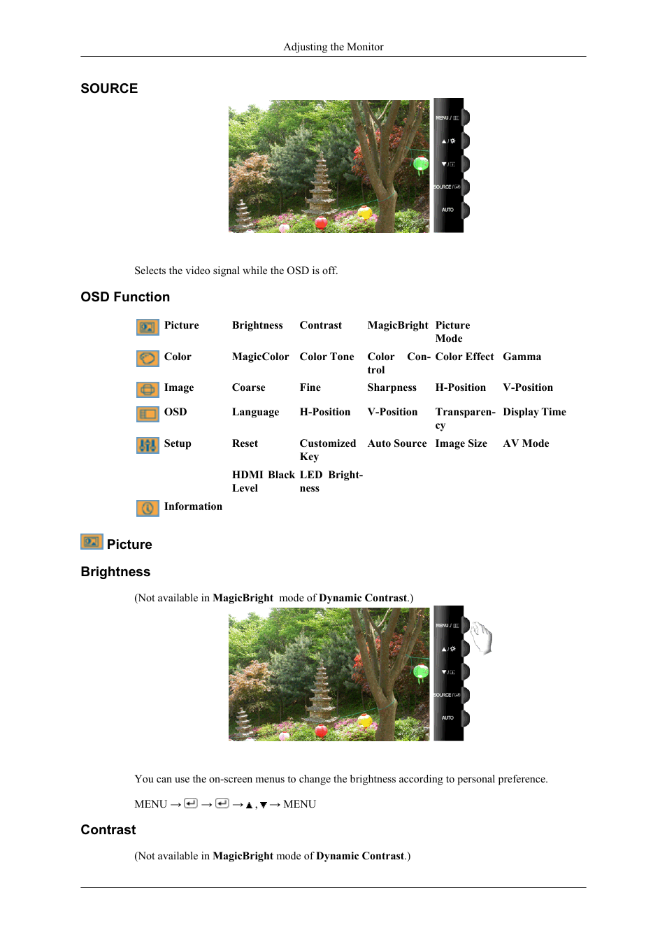 Source, Osd function, Picture | Brightness, Contrast | Samsung LS26TWHSUV-ZA User Manual | Page 37 / 69