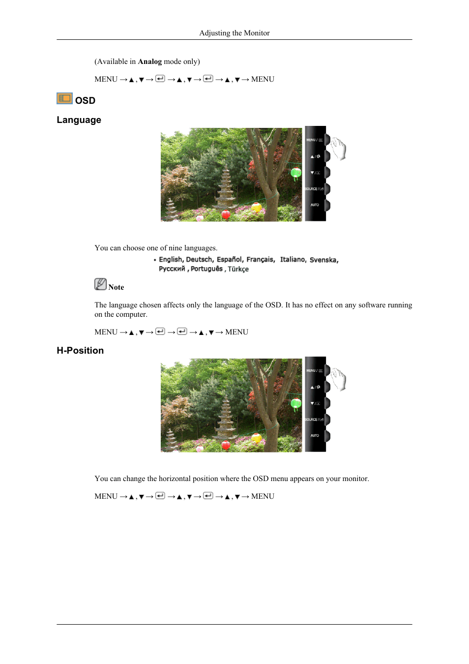 Language, H-position | Samsung LS26TWHSUV-ZA User Manual | Page 44 / 69