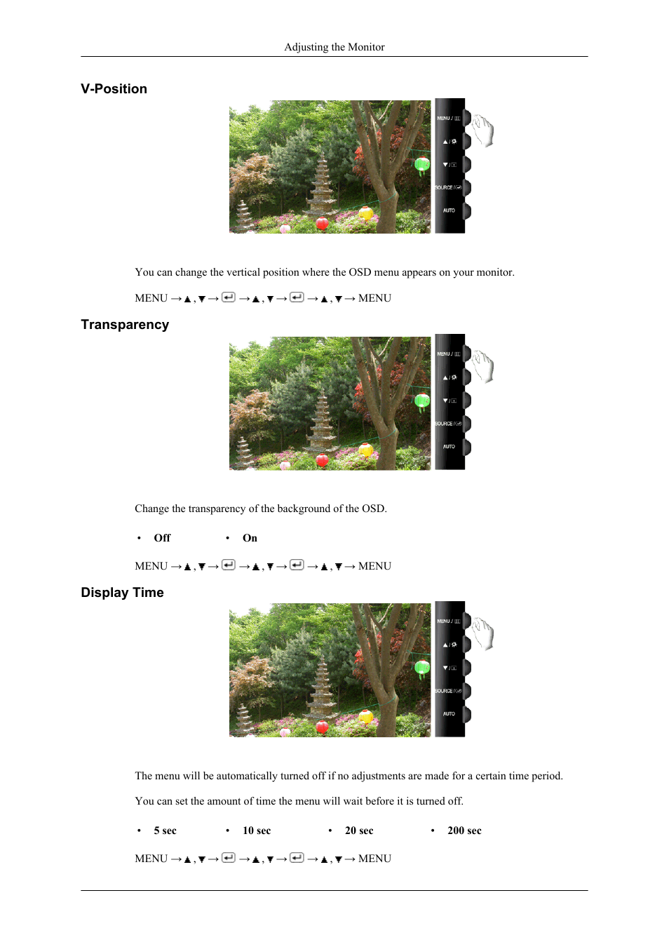 V-position, Transparency, Display time | Samsung LS26TWHSUV-ZA User Manual | Page 45 / 69