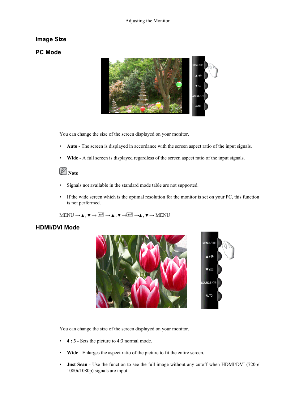 Image size, Pc mode, Hdmi/dvi mode | Samsung LS26TWHSUV-ZA User Manual | Page 47 / 69