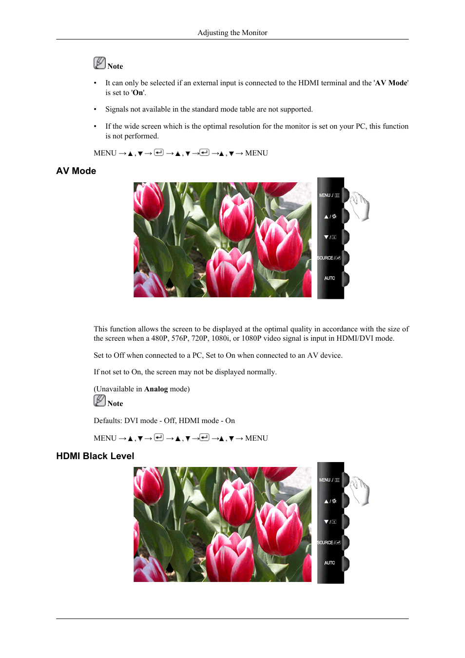Av mode, Hdmi black level | Samsung LS26TWHSUV-ZA User Manual | Page 48 / 69