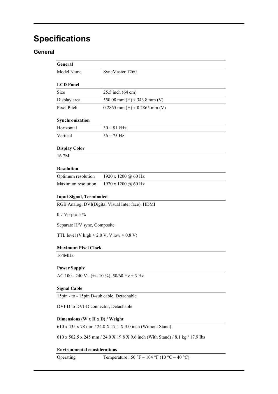 Specifications, T260, General | Samsung LS26TWHSUV-ZA User Manual | Page 56 / 69