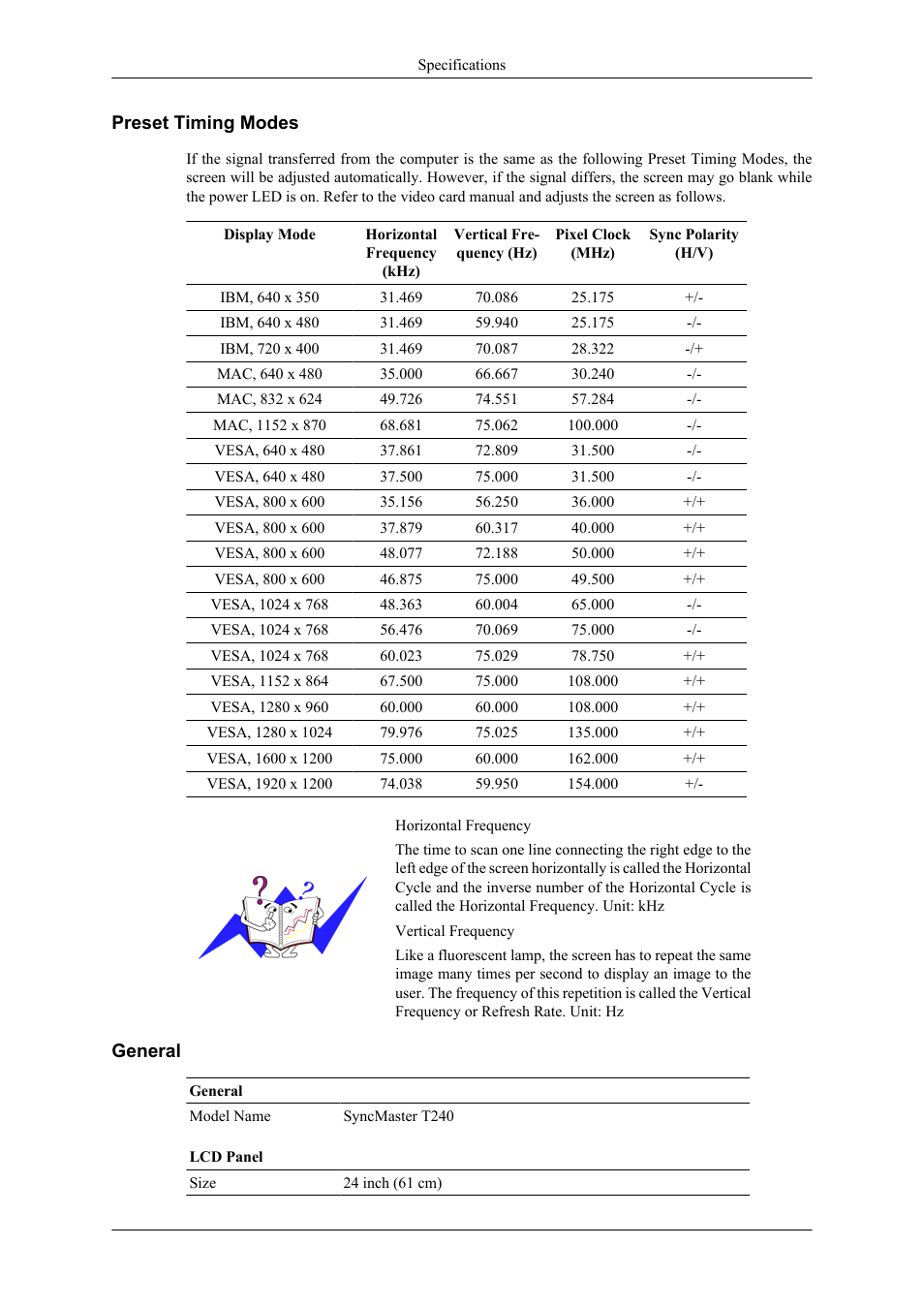 Preset timing modes, T240, General | Samsung LS26TWHSUV-ZA User Manual | Page 58 / 69