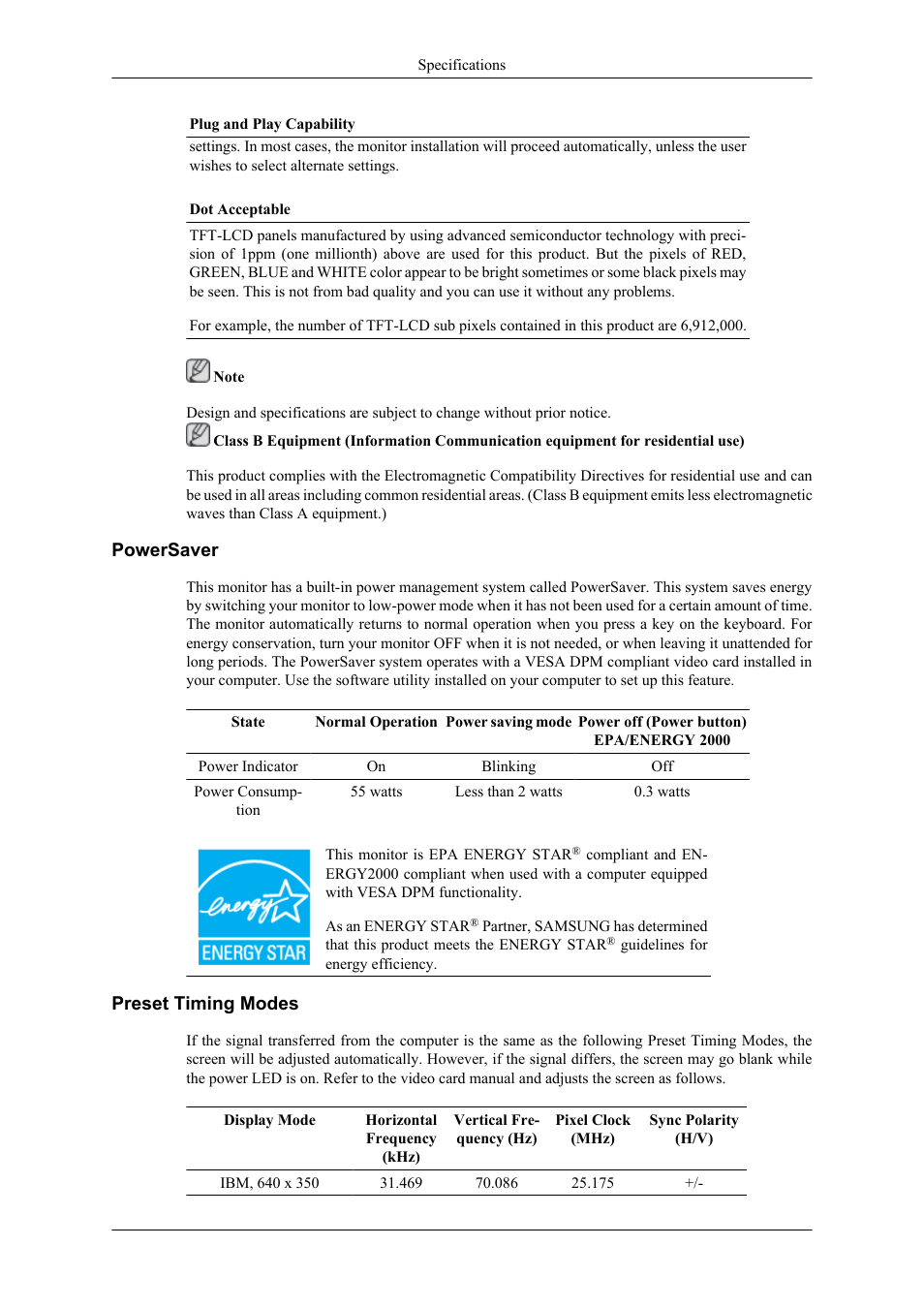 Powersaver, Preset timing modes | Samsung LS26TWHSUV-ZA User Manual | Page 60 / 69