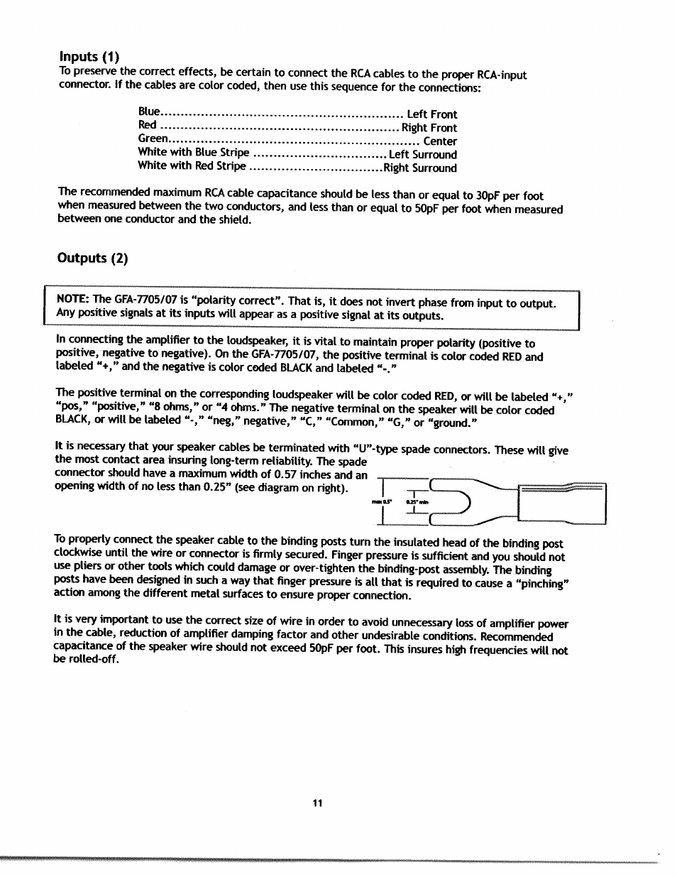 Inputs (1), Outputs (2) | Adcom S.A.F.E GFA-7707 User Manual | Page 10 / 14