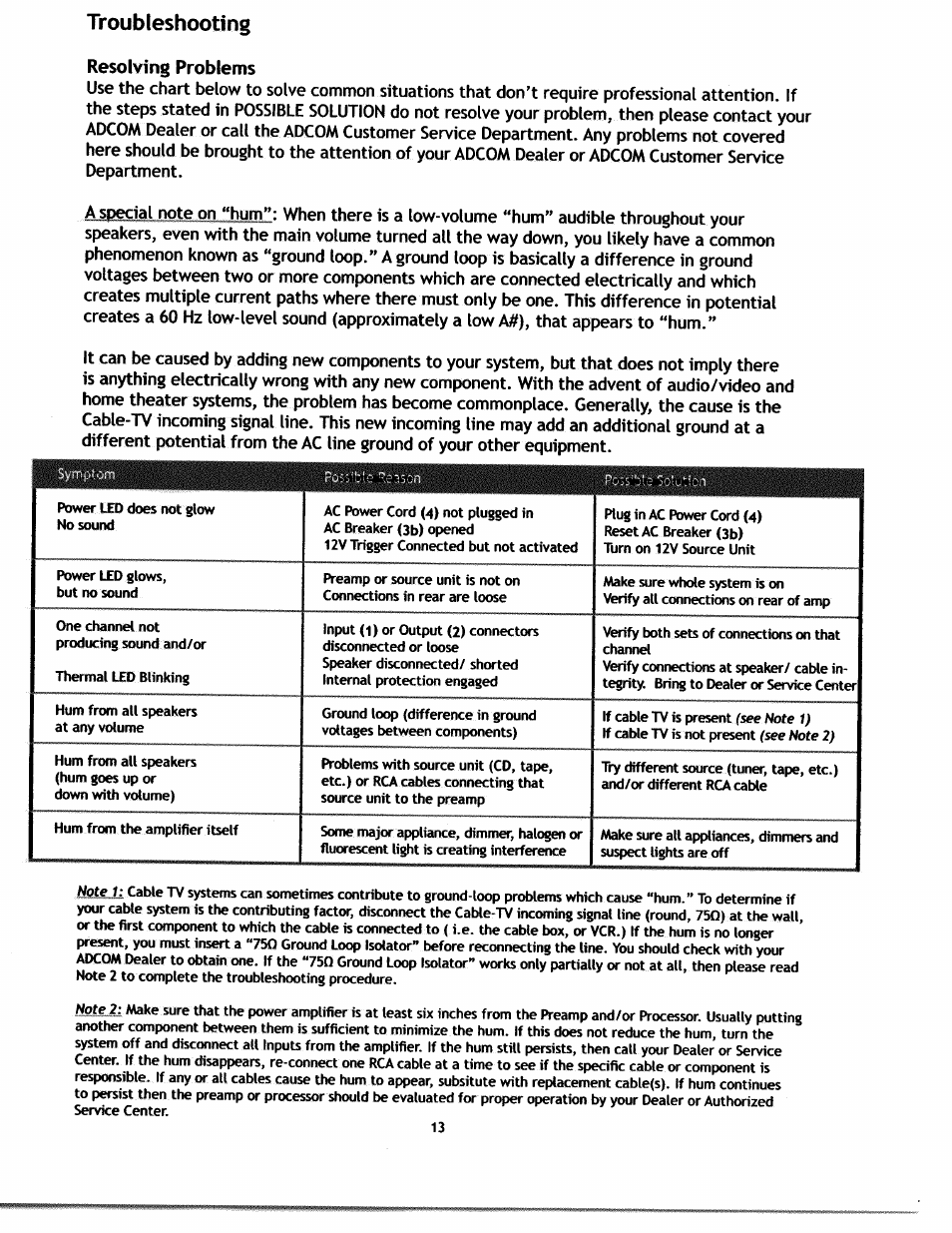 Resolving problems, Troubleshooting | Adcom S.A.F.E GFA-7707 User Manual | Page 12 / 14