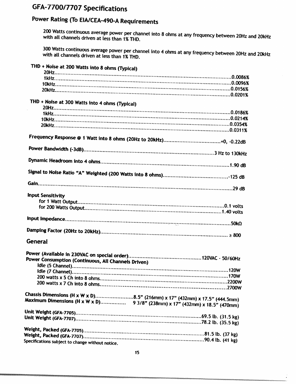 Power rating (to eia/cea-490-a requirements, General | Adcom S.A.F.E GFA-7707 User Manual | Page 14 / 14