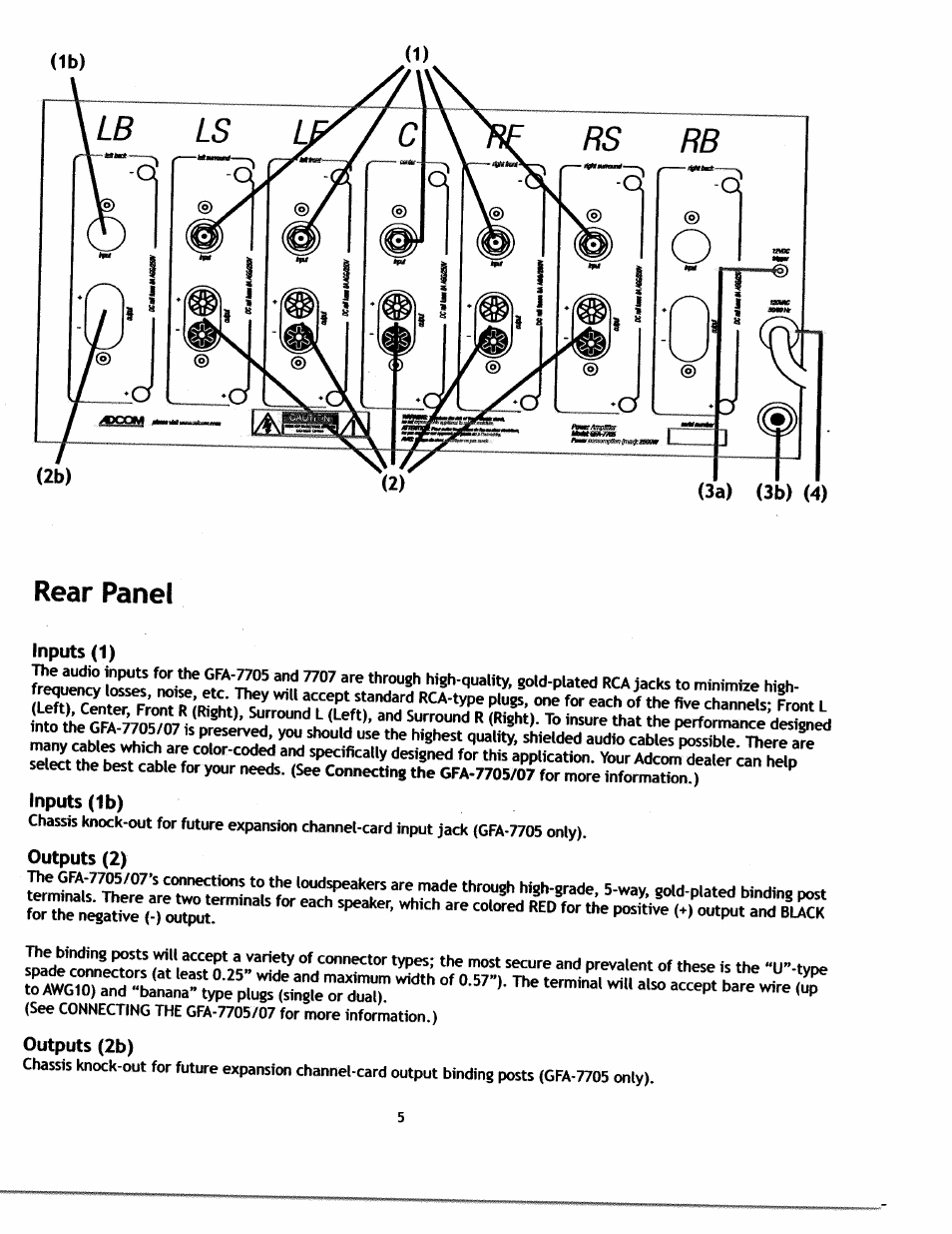 Rear panel, Inputs (1), Inputs (1b) | Outputs (2), Outputs (2b) | Adcom S.A.F.E GFA-7707 User Manual | Page 4 / 14