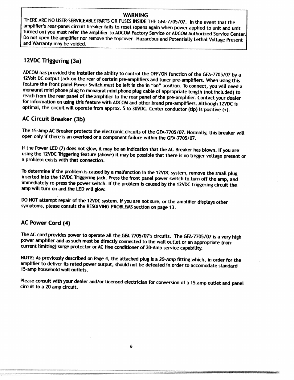 Warning, 12vdc triggering (3a), Ac circuit breaker (3b) | Ac power cord (4) | Adcom S.A.F.E GFA-7707 User Manual | Page 5 / 14