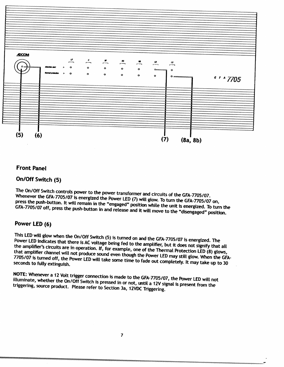 Front panel, On/off switch (5), Power led (6) | Adcom S.A.F.E GFA-7707 User Manual | Page 6 / 14