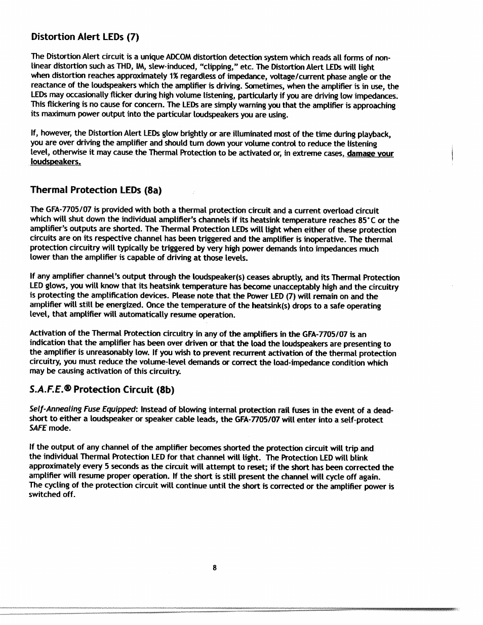 Distortion alert leds (7), Thermal protection leds (8a), S.a.f.e.® protection circuit (8b) | Adcom S.A.F.E GFA-7707 User Manual | Page 7 / 14