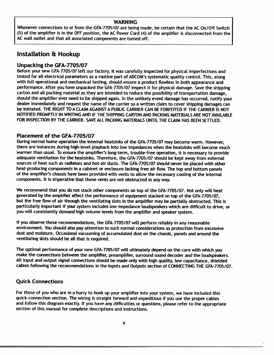 Warning, Unpacking the gfa-7705/07, Placement of the gfa-7705/07 | Quick connections, Quick connection diagram, Installation & hookup | Adcom S.A.F.E GFA-7707 User Manual | Page 8 / 14