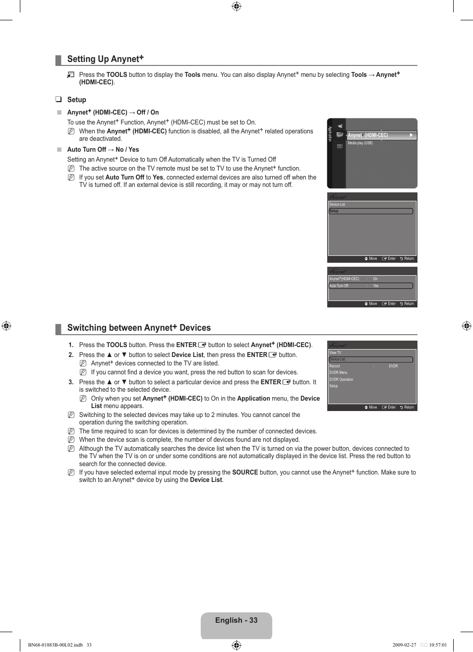 Setting up anynet, Switching between anynet+ devices, English | Setup | Samsung LN40B540P8FUZA User Manual | Page 35 / 89