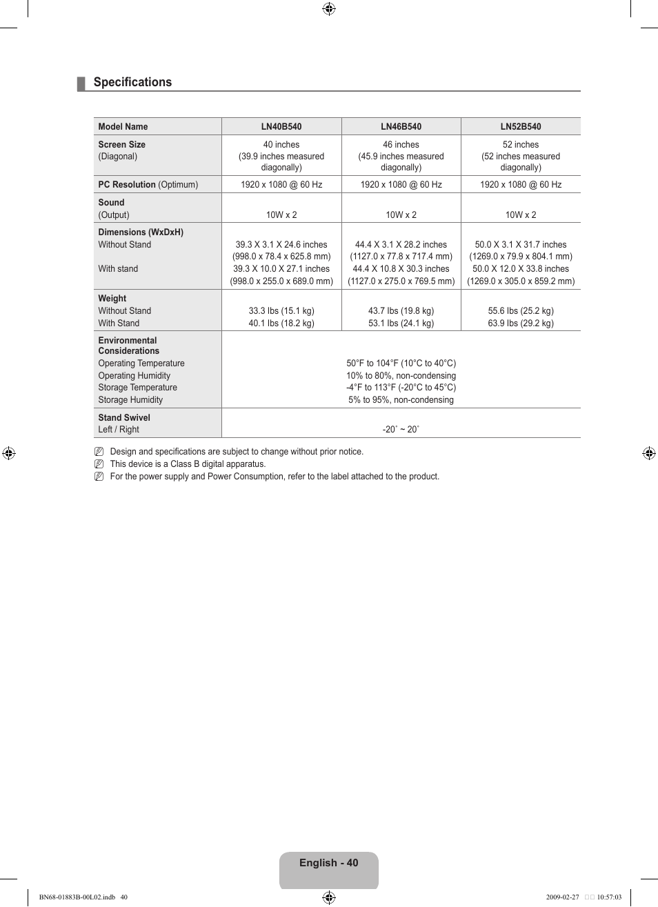 Specifications | Samsung LN40B540P8FUZA User Manual | Page 42 / 89