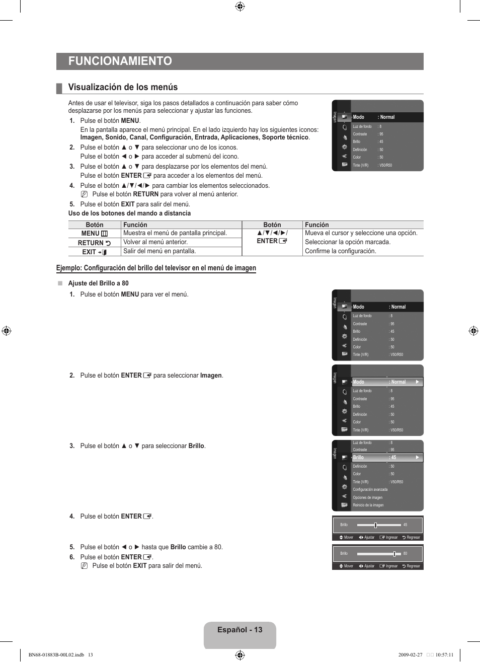 Funcionamiento, Visualización de los menús, Español - 1 | Samsung LN40B540P8FUZA User Manual | Page 59 / 89