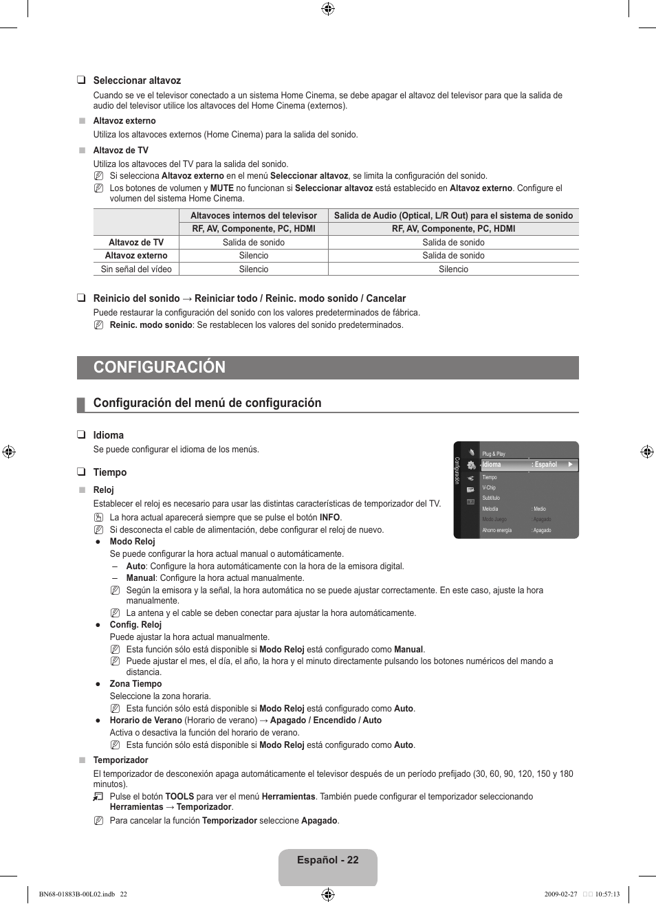 Configuración, Configuración del menú de configuración | Samsung LN40B540P8FUZA User Manual | Page 68 / 89