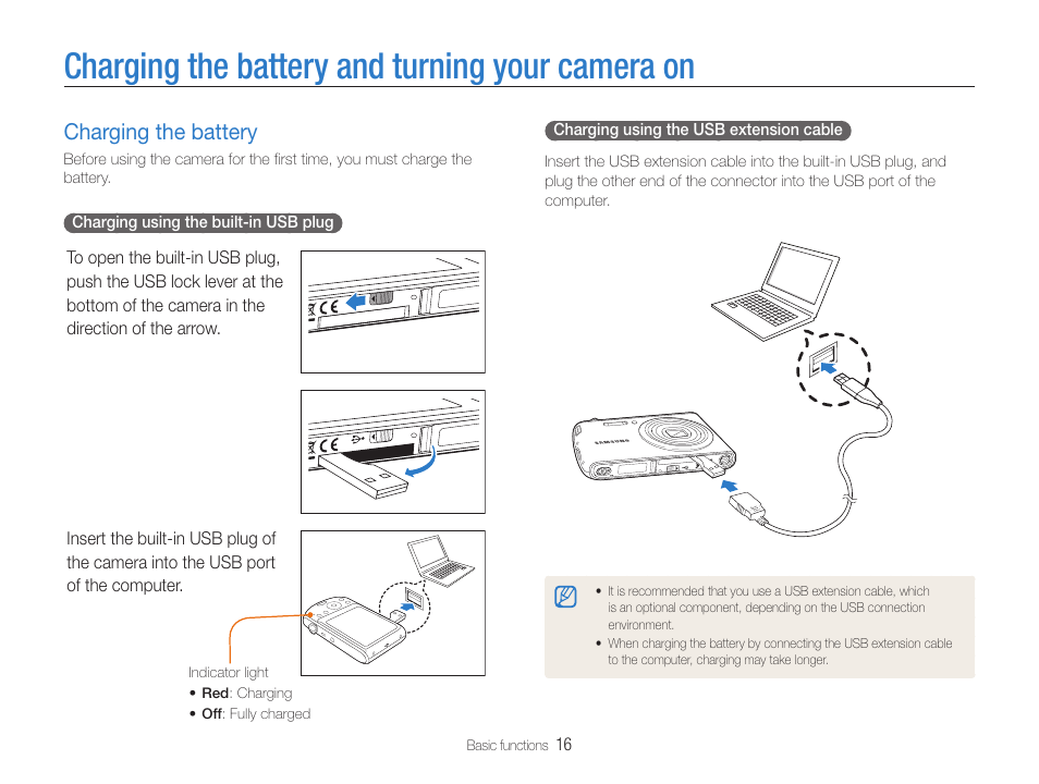 Charging the battery and turning your camera on, Charging the battery, Charging the battery …………………………………… 16 | Samsung EC-PL90ZZBPAUS User Manual | Page 17 / 99