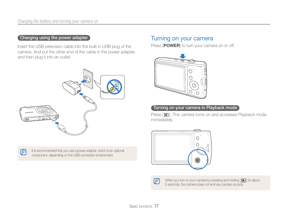 Turning on your camera, Turning on your camera ………………………………… 17 | Samsung EC-PL90ZZBPAUS User Manual | Page 18 / 99
