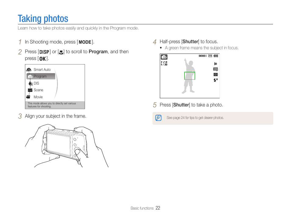Taking photos | Samsung EC-PL90ZZBPAUS User Manual | Page 23 / 99