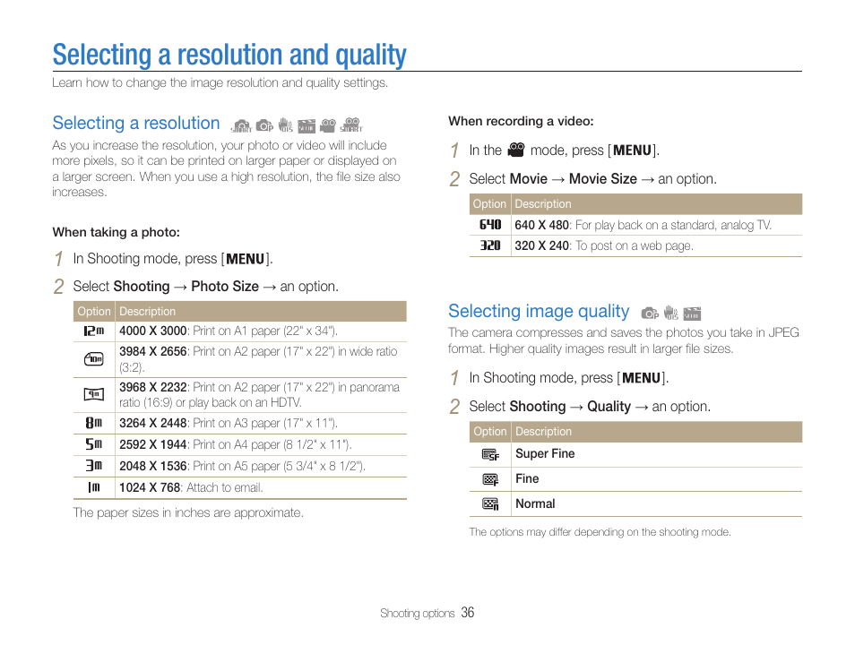 Selecting a resolution and quality, Selecting a resolution, Selecting image quality | Samsung EC-PL90ZZBPAUS User Manual | Page 37 / 99