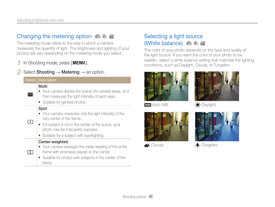 Changing the metering option, Selecting a light source (white balance) | Samsung EC-PL90ZZBPAUS User Manual | Page 49 / 99